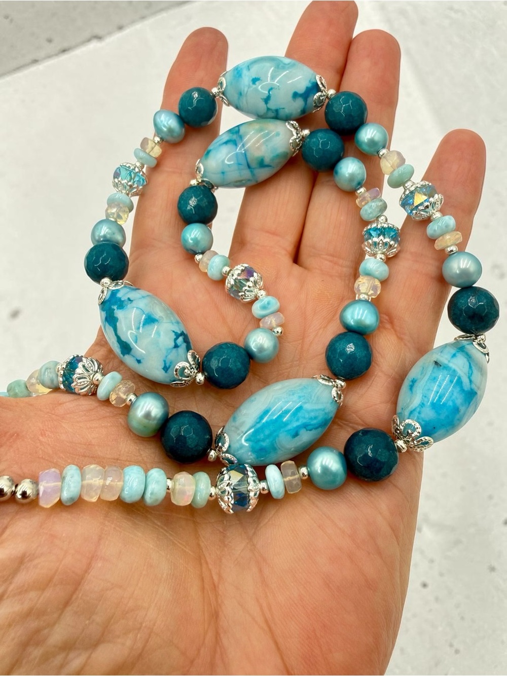 Artisan Murano Style Glass Larimar Apatite Opal Pearl Necklace 22” Ocean Blue - Picture 8 of 17